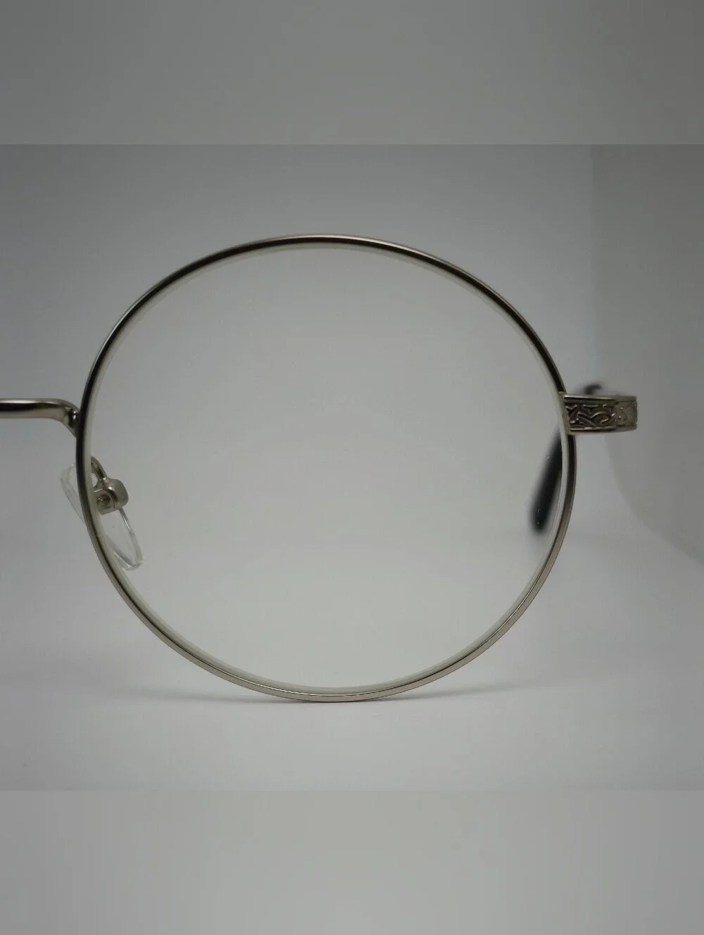 Inscription. Classic Round Silver Metal Glasses. Matsuda Type Decor Temple.